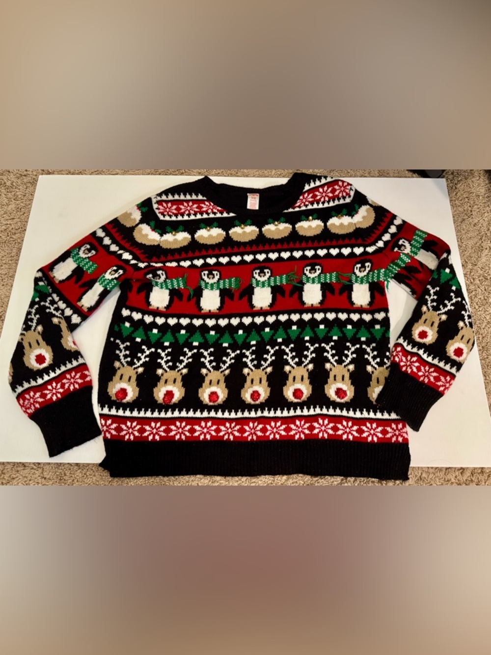 Festive Penguin & Reindeer Holiday Sweater - Black/Red/Green Size XL 16/18